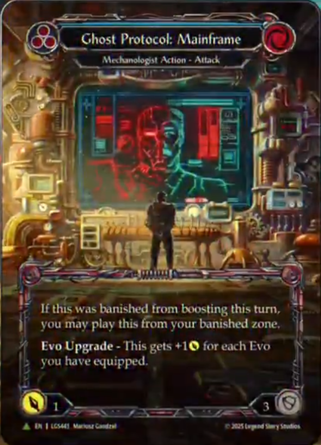 goagainmedia's tweet image. 【新カード情報】Ghost Protocol: Mainframe
このターン、これがブーストにより追放されたなら、あなたはこれを追放ゾーンからプレイしてもよい。

これはあなたが装備しているエヴォの数1枚につき+1Ⓟを得る。