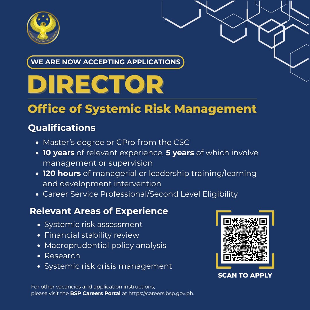 BangkoSentral's tweet image. WE&apos;RE HIRING!

🔗 Apply via the BSP Careers Portal: careers.bsp.gov.ph
🗓️ Deadline of Application: 04 December 2025

#BSP #BSPcareers