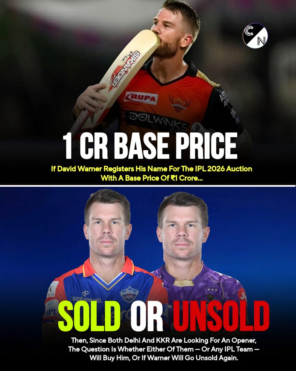 Criccnation's tweet image. “If Warner registers his name for the IPL 2026 Auction, will any team pick him at a ₹1 Cr base price… or will he go unsold once again?”

#davidwarner #IPLAuction #IPL2026 #Cricket #criccnation