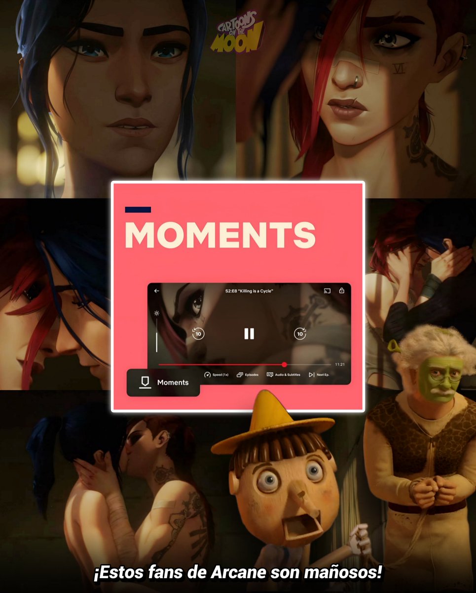 CartoonsOTMoon's tweet photo. Un dato animado hasta que salga Beyond The Spider-Verse. Día 121:

Netflix tiene una función para guardar tus escenas favoritas llamada "Momentos".

Este año, revelaron que la escena más guardada pertenece a Arcane. Específicamente, la escena de Vi y Caitlyn. https://t.co/ZGXyQq2hPG