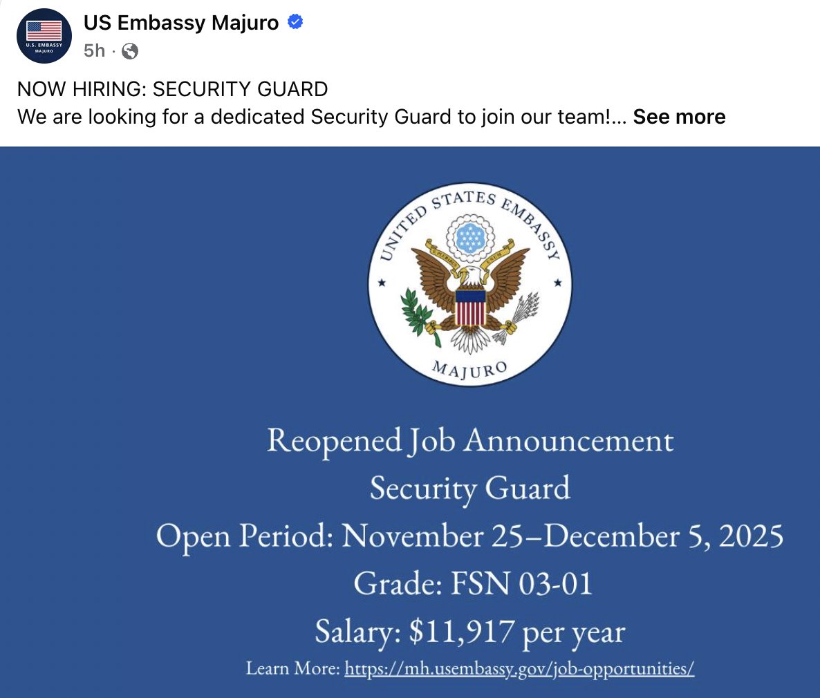 One of the world's richest countries, the United States, wants a security guard to protect them at their embassy in the Marshall Islands. Look at the salary they pay... Exploitation?