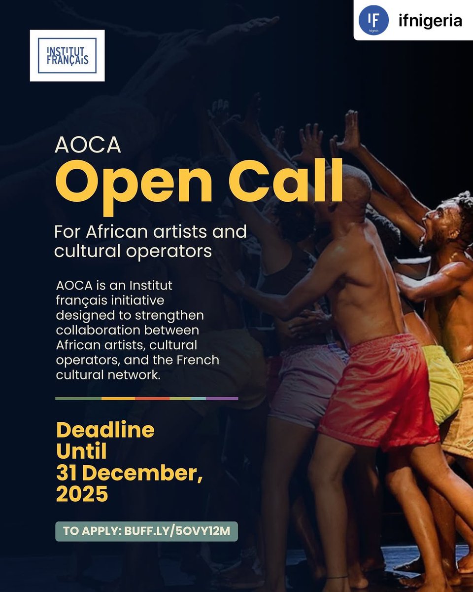 CivFund_'s tweet image. ✍🏾AOCA, an Institut français program, is here to support your creative journey.

📅 Deadline: December 31, 2025
🔗 Apply via link in on poster 

Let your art travel across borders.

#AOCA #InstitutFrançais #CallForProjects #AfricanArtists #CulturalOperators #ArtsFunding