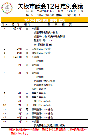 YAITASHIGIKAI's tweet photo. 【12月定例会議のお知らせ】 11月28日（金）10時より、第406回定例会議が開かれます！ 本定例会議のスケジュールは以下のとおりです。 傍聴をご希望の方は、当日、本館3階までお越しください。
https://t.co/aQYVxWEbDl https://t.co/7wo4g9r7CT