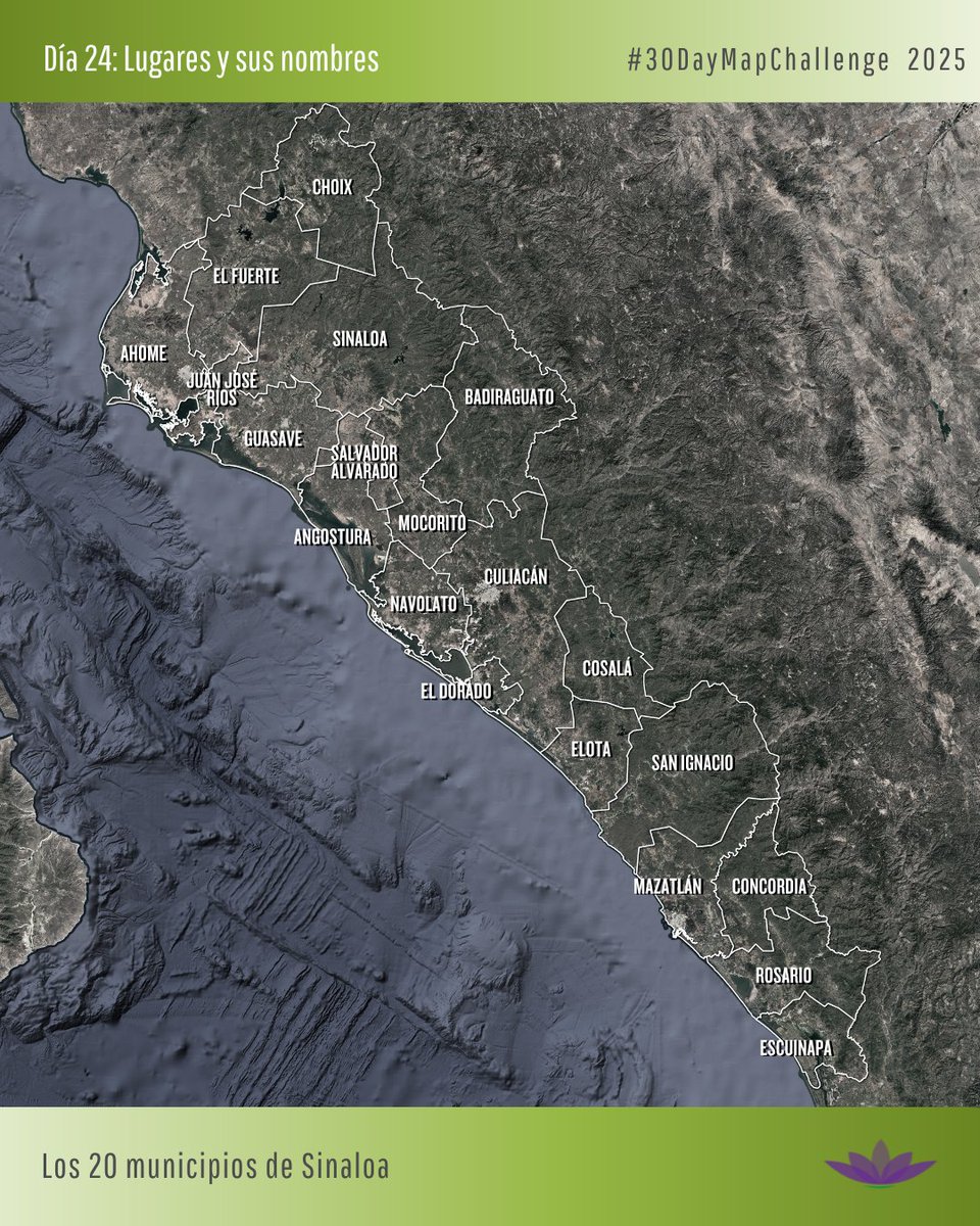 #30DayMapChallenge
Día 24: Lugares y sus nombres | Los 20 municipios de Sinaloa

Hace tiempo que El Dorado y Juan José Ríos son municipios. Pero muchos aún no ubican bien su extensión o su posición en el mapa.

Este ejercicio sirve para verlos, nombrarlos y reconocerlos.