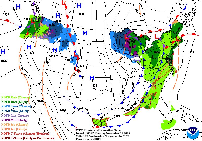 RobStormTeam2's tweet image. Significant changes over the next few days! We reached 74 degrees today (11-24), and will see the 70’s again on Tuesday and Wednesday. We could see a few showers ahead of an approaching cold front. After the front passes, dry weather, and much cooler air, moves in Thanksgiving!