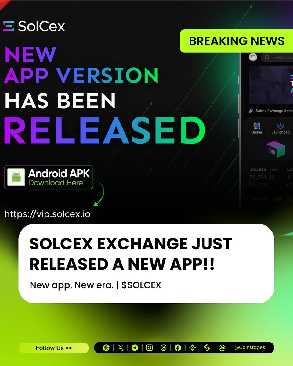 🔥 SOLCEX Exchange Has Officially Released Its New App!

Congratulations to <a href="/SolCex_Exchange/">SolCex</a> on the release of its new app version! A great step forward for the platform and its community.

New App, New Era.!

📈 Chart: dexscreener.com/solana/AMjzRn1…