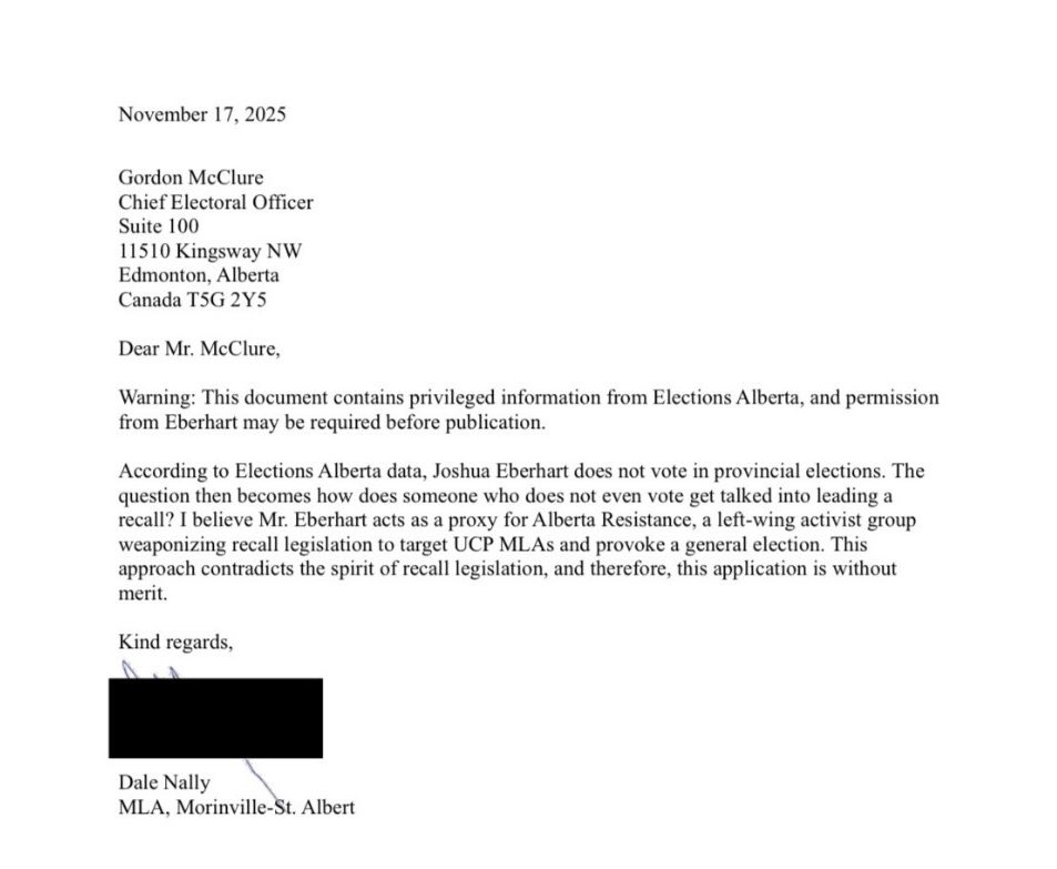 LukaszukAB's tweet image. .⁦@DaleNally_AB⁩ If this letter was written by you, I have a more fundamental question:

How would an MLA know which constituents vote in elections? This information is privileged only to ⁦@ElectionsAB⁩ 

Also, any elector can initiate a recall. You wrote this law.
