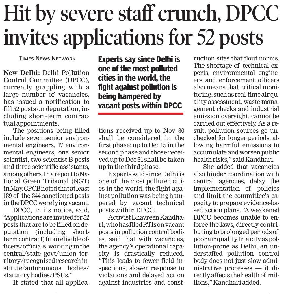 It’s simply unacceptable that DPCC is still filling 52 posts on deputation/short term contract when the capital is in the middle of a pollution emergency. With 189 of the 344 sanctioned posts vacant as of May 2025, the fight against toxic air isn’t just being delayed, it’s not