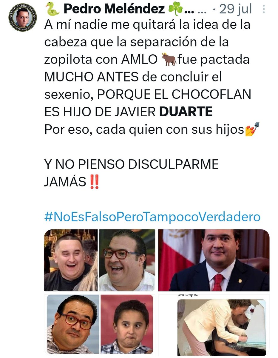20PeterMel's tweet photo. Ya perdonen a Javier Duarte, por cuestiones familiares y de afinidad en nepotismo y corrupción

Seguro que los chairos resentidos #redAmlo #ClaudiaLovers y #redSheimbaum lo van a defender desde el día uno‼️

Libertad, impunidad y hueso al papá del chocoflan‼️
🤡🤡🤡

Ríanse‼️🤣🤣 https://t.co/g1ucqtf1h4