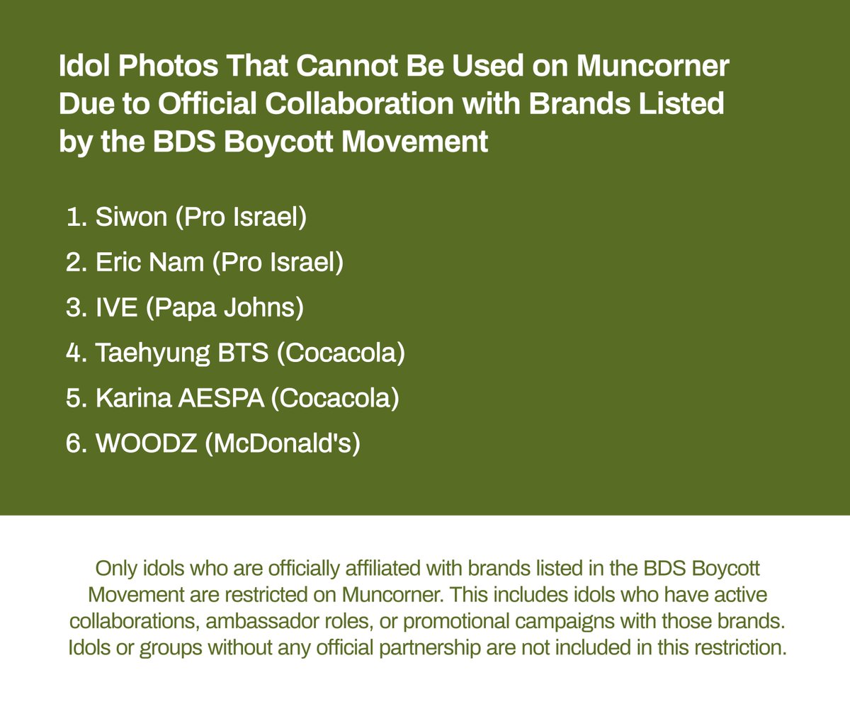 muncorner's tweet image. 📢 Updated version.

Berikut daftar pfp idol yang tidak diperbolehkan saat mengirim menfess karena terafiliasi resmi dengan brand zionist. Jika menemukan menfess dengan foto dari daftar ini, silakan tag @corner_support.
