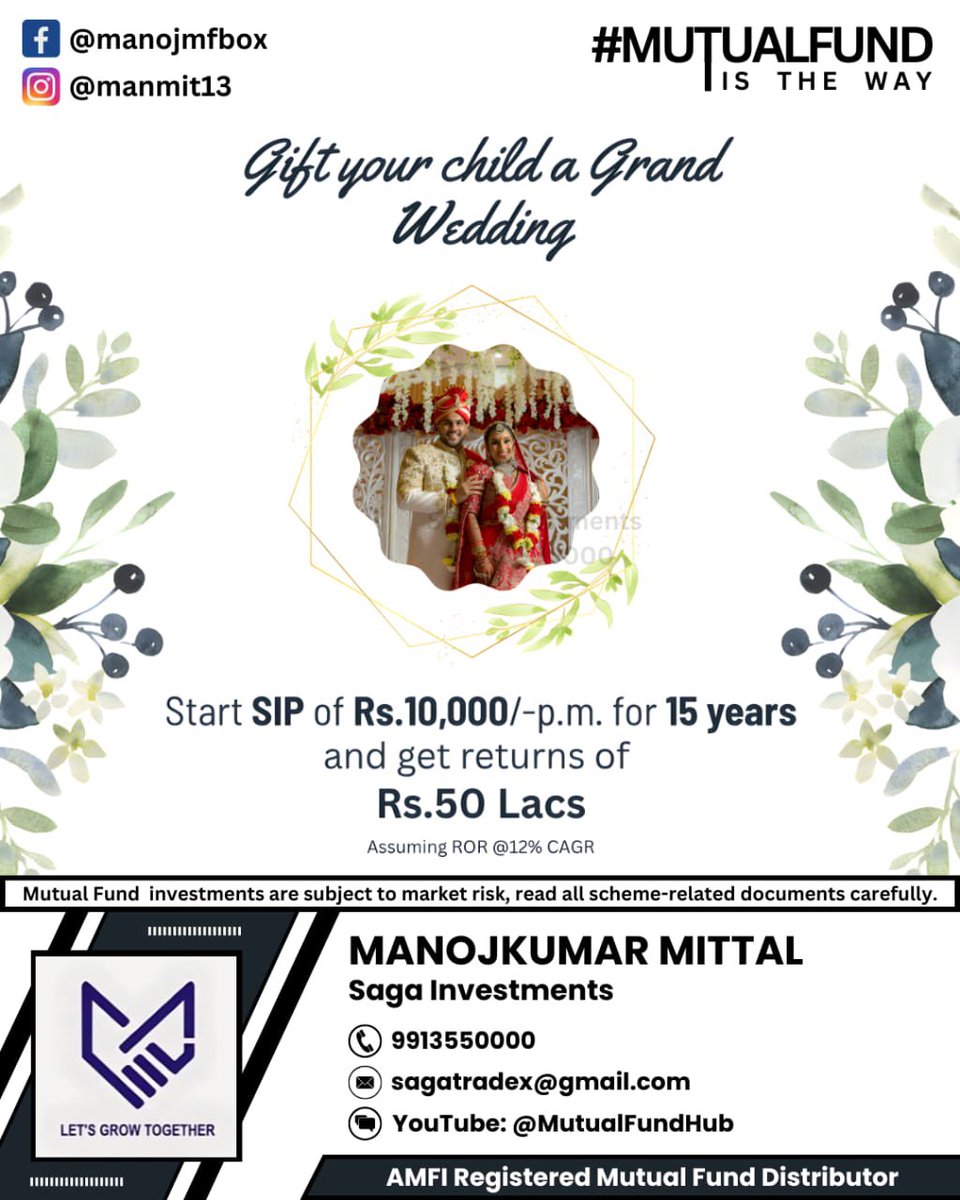 manmit13's tweet image. Start investing today 🌱 so your money grows steadily over time, helping you gift your child a grand wedding 💍✨ that reflects your love, planning, and smart financial choices. #sip #mutualfunds #marrige #wedding #mfd