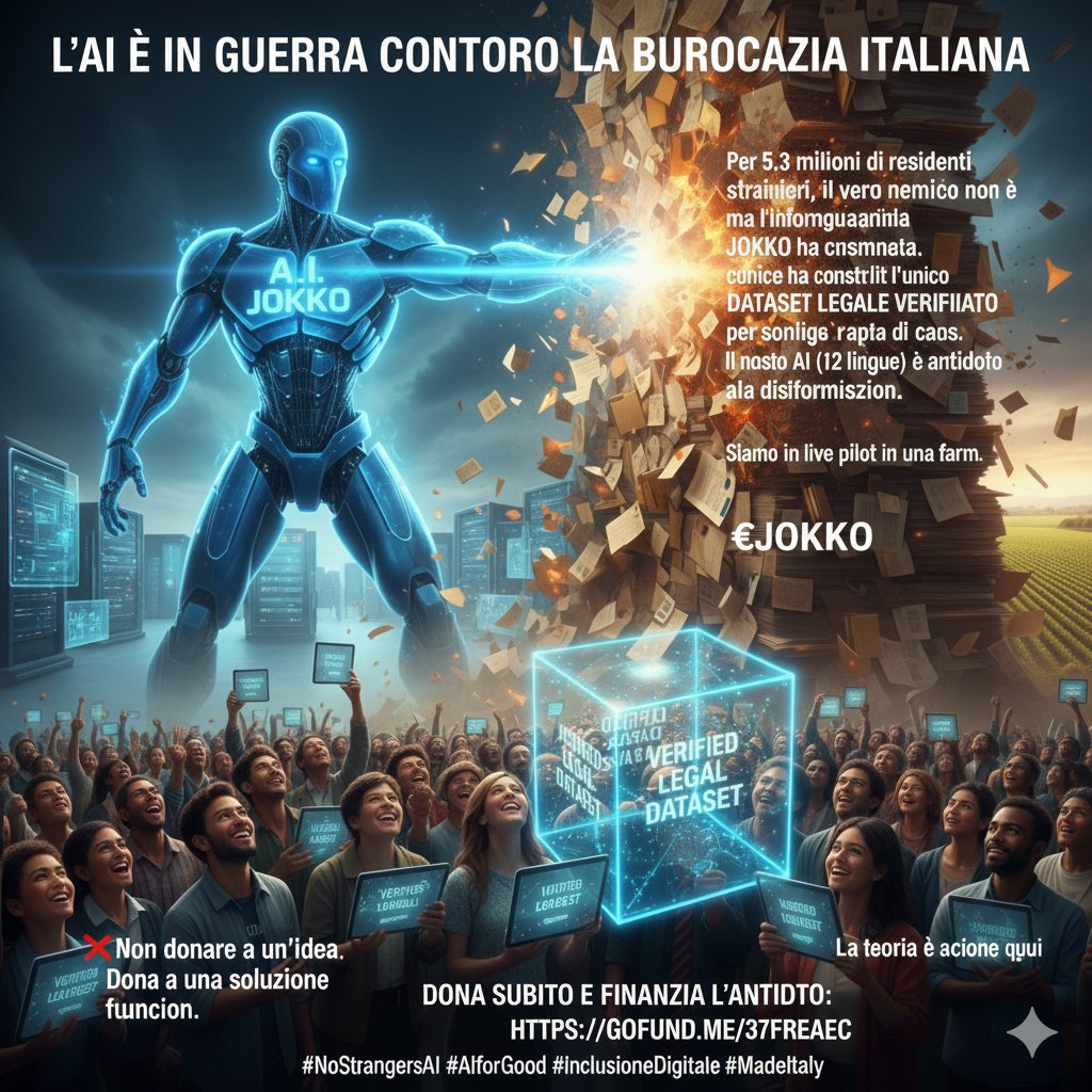 1973_neo's tweet image. STOP BUROCRAZIA. L&apos;ANTIDOTO È QUI.
​JOKKO: AI con DATASET LEGALE VERIFICATO (12 lingue).
​Pilot Live in Italia. Funziona.
Obiettivo: €30K ORA per l&apos;MVP.
​INVESTI NELL&apos;INCLUSIONE: gofund.me/aae7edba5
#NoStrangersAI #AIforGood