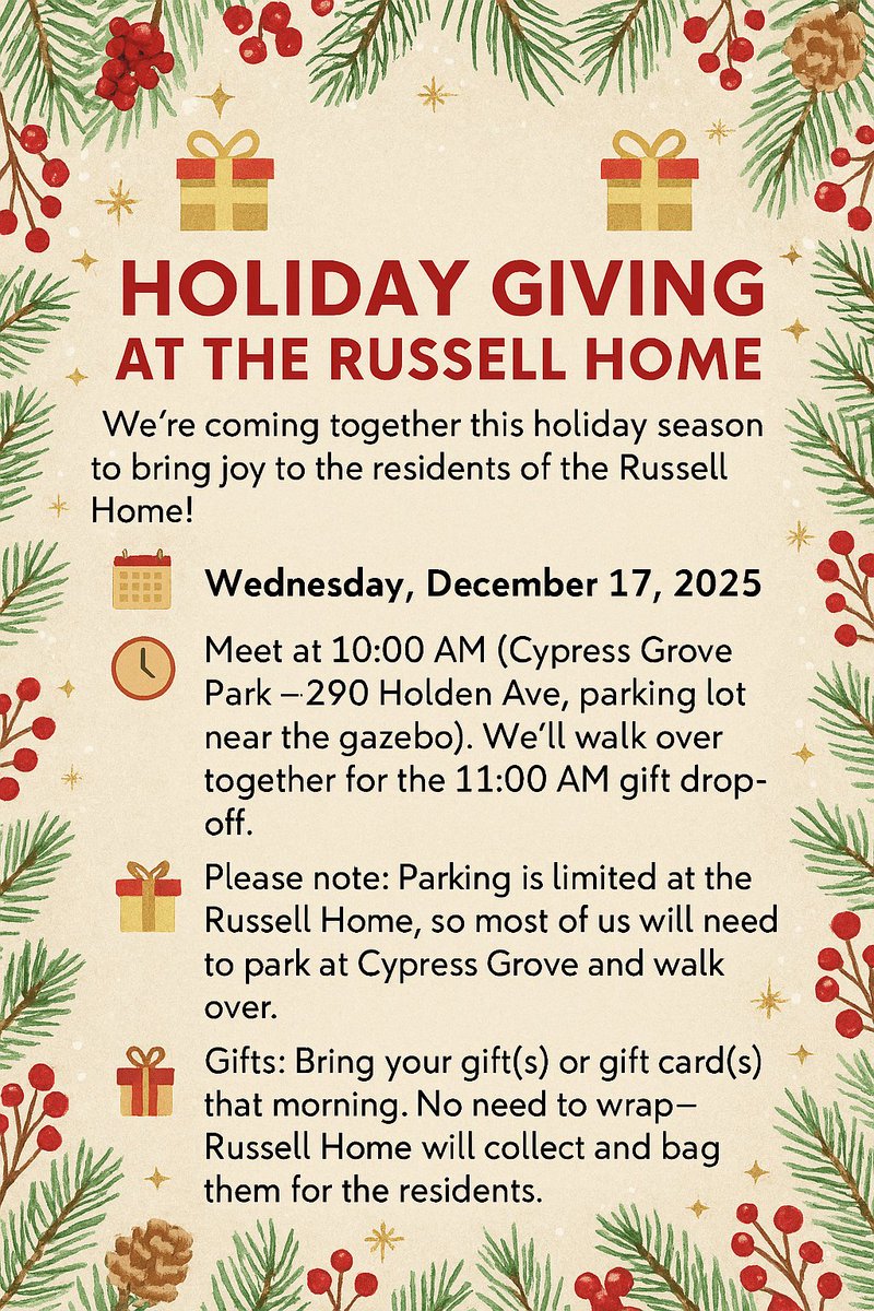 🎁✨ GOALcfl Holiday Giving ✨🎁
Join us Wed, Dec 17!
📍 Meet 10AM @ Cypress Grove Park (290 Holden Ave, gazebo lot)
🚶 Walk over for 11AM gift drop-off @ Russell Home
🎁 Bring gifts/gift cards (unwrapped).
Check email for needed items!