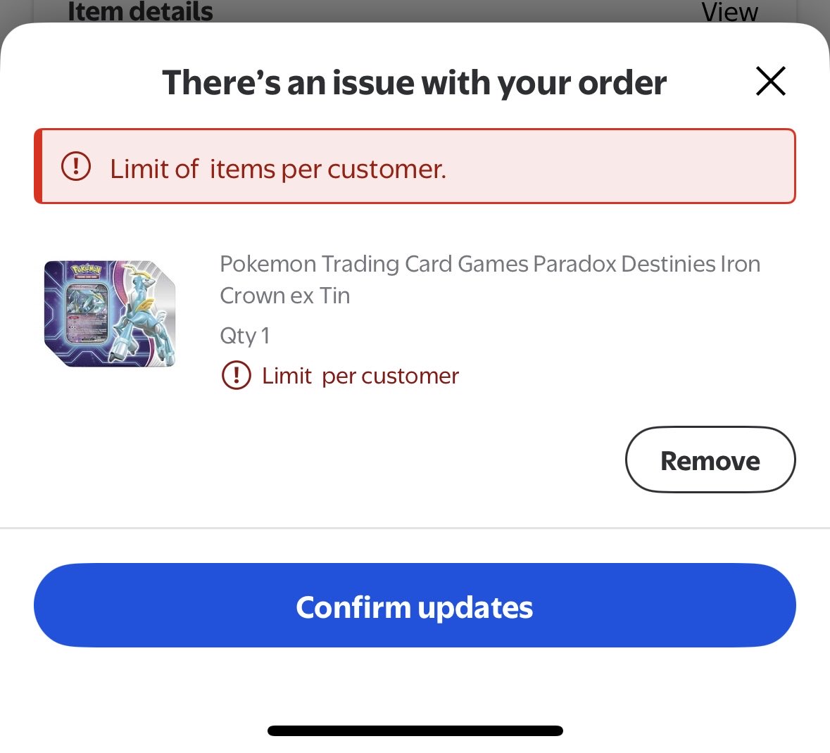 Ryanhill3123's tweet photo. @PokemonDealsTCG @erikmercado92 @Itz_MVP What could this be about. Haven’t thought an iron crown one and only have 4 total tins. It’s coming up on any I try to get now https://t.co/FDIHQvsshx