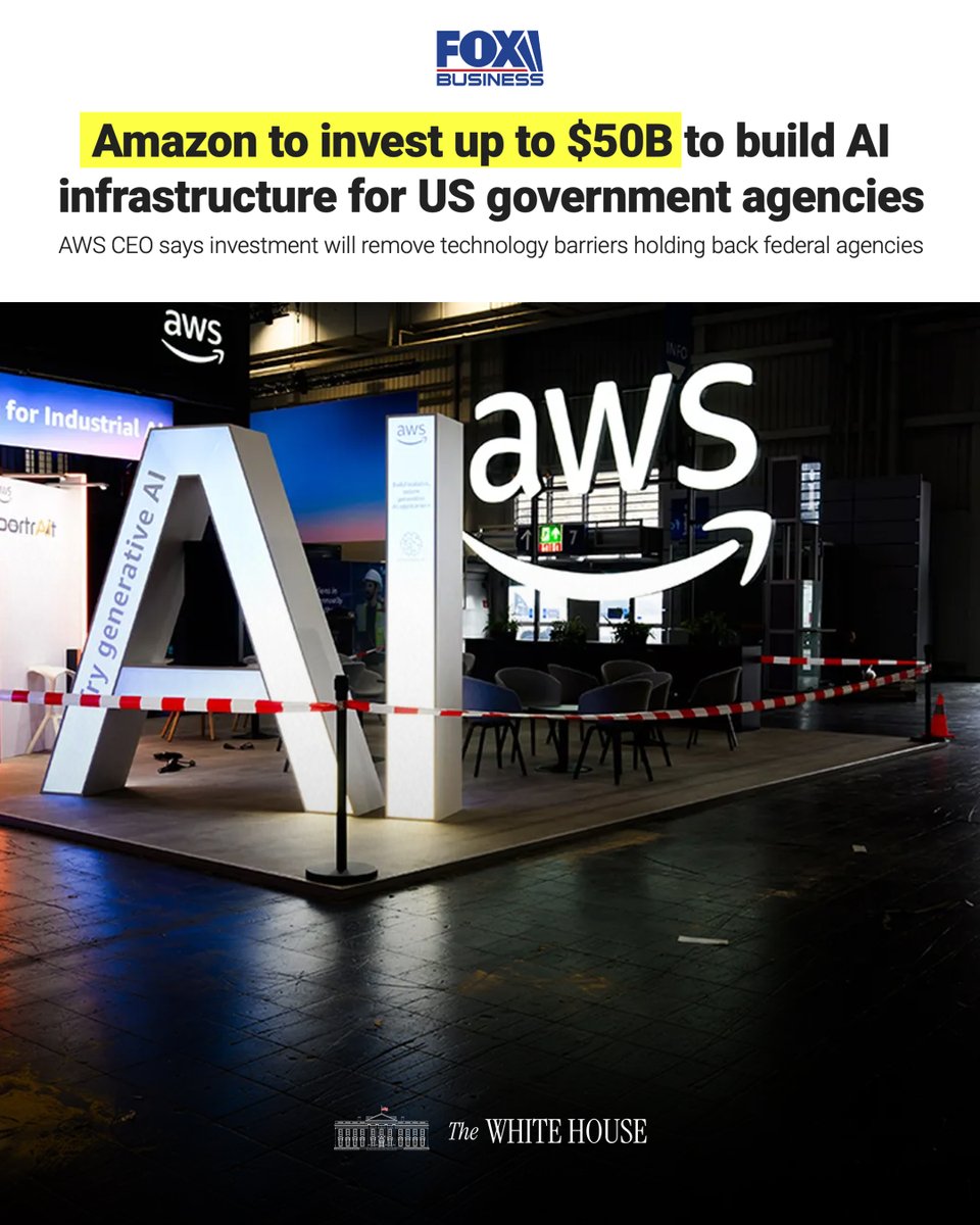 WhiteHouse's tweet image. Today, @amazon  announced a MAJOR plan to build AI and high-performance computing for the U.S. Government:

&quot;We&apos;re giving agencies expanded access to advanced AI capabilities that will enable them to accelerate critical missions from cybersecurity to drug discovery.&quot;🔥