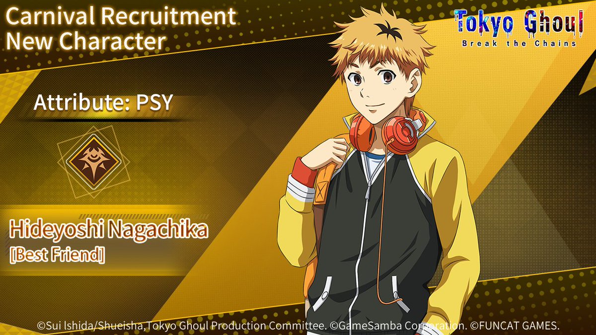 tgbreakthechain's tweet photo. #CarnivalCharacter Details
✨ #HideyoshiNagachika [Best Friend]✨
>>Type: PSY
​
▼ How to Obtain
Available via Carnival Recruitment
​
#TokyoGhoul #TokyoGhoulBTC
#CarnivalEvent https://t.co/XSnyfRJ5RM