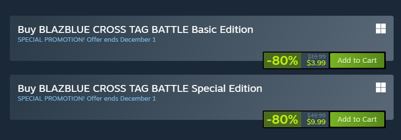 This was not true yesterday morning, but it looks like the BBTAG Sale is live on Steam as well! Go Go Go!

➤ Steam: store.steampowered.com/app/702890/Bla…
➤ PSN: store.playstation.com/en-us/product/…