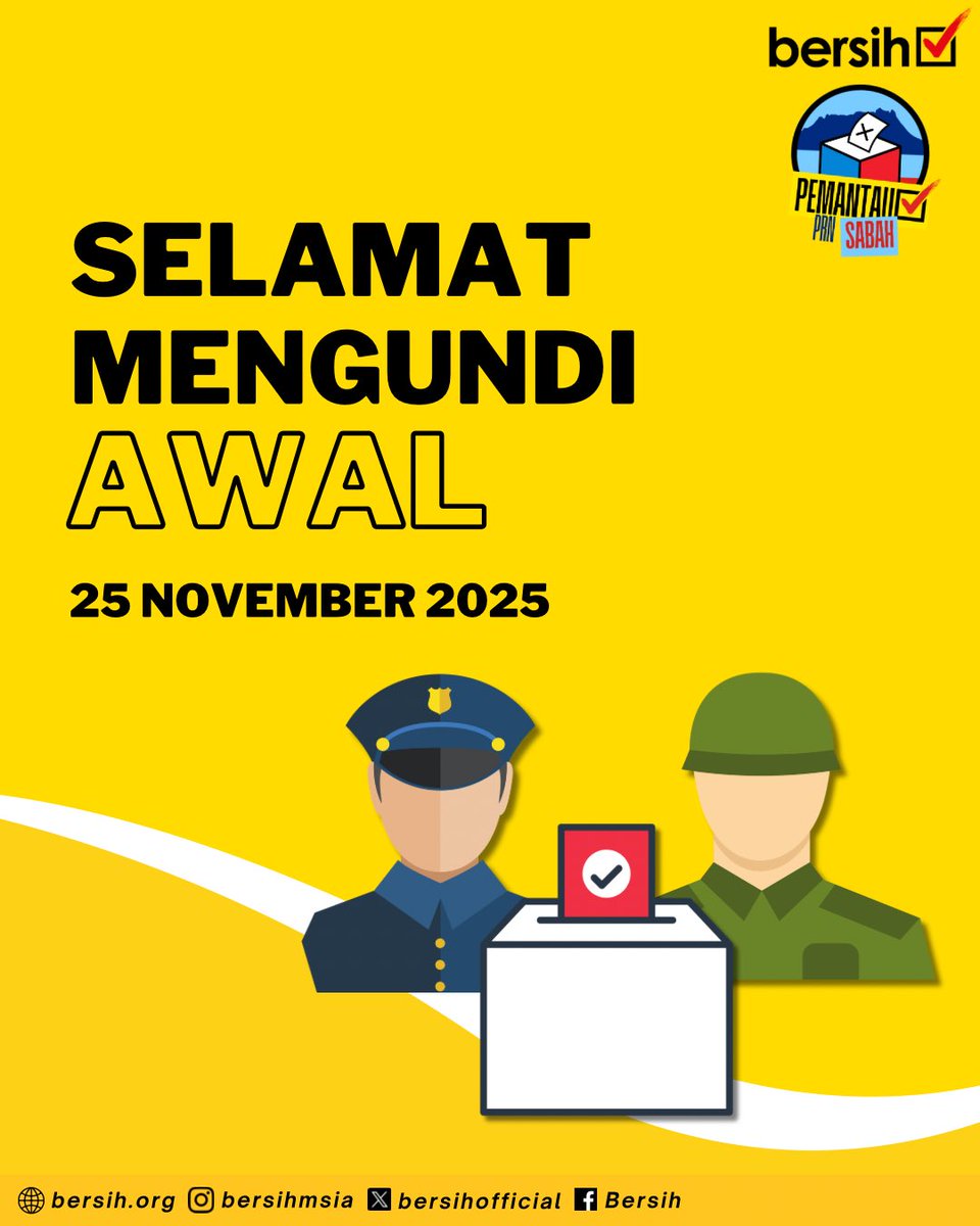 BERSIH mengucapkan selamat mengundi kepada anggota tentera dan polis yang akan undi awal pada hari ini. Selamat mengundi!

#PRUSabah #pantausabah
