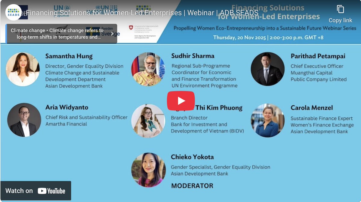 The webinar is now on replay! 

Catch the discussion on innovative financing for women-led green enterprises.

🎬 Watch the recording: seads.adb.org/events/financi…