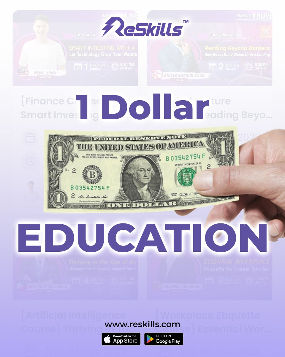 Cdtuniverse's tweet image. What gives you access to affordable education for just $1 a month?
ReSkills does.
With ReSkills’ 1 Dollar Education, you unlock unlimited learning opportunities without breaking the bank. 
#ReSkills #onlinelearning #afforable #accessible #onedollareducation 

A Thread