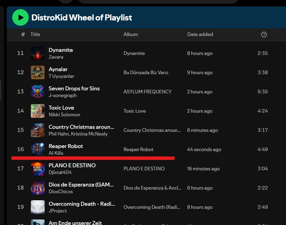 It's been a great day for AI Kills music ... our highest position on the Distrokid Wheel of Playlist to date #16 for "Reaper Robot" ! <a href="/Spotify/">Spotify</a> #AI #music