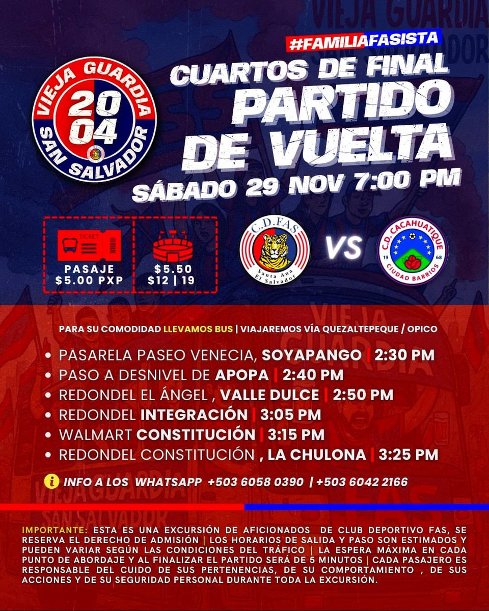 Sábado se viaja, se alienta y se gana 🐯❤️💙
La Vieja Guardia parte desde San Salvador rumbo al estadio. ¡Todos a la excursión!🚍🚩

#CDFAS #futbol #excursión #PumPumFAS #JuntosHastaElFinal
