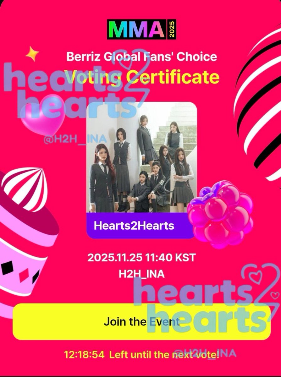 [📢] VOTING TIME!!

🗳️ 2025 MMA Global Fans' Choice 

📱Berriz App
📆 Sampai 14 Des 2025
📝 1 Vote/Day/Device.

Kriteria penilaian:
Voting 80% + Panel Review 20%.

vote hanya untuk GLOBAL fans. Korean fans tidak bisa vote

#Hearts2Hearts #하츠투하츠 #H2H
<a href="/Hearts2Hearts/">Hearts2Hearts</a>