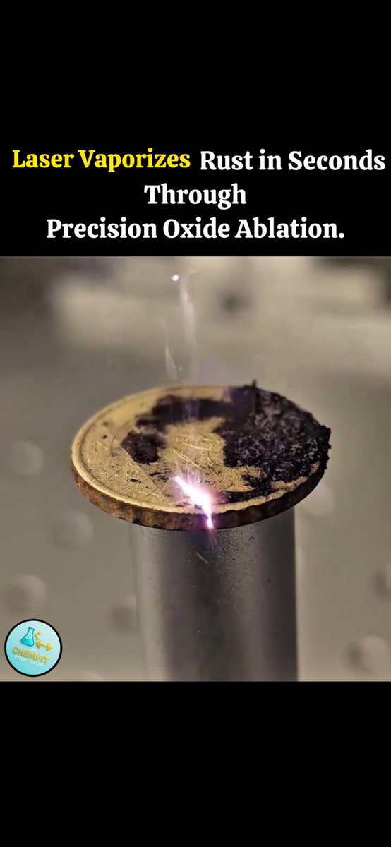 thechemfitprof's tweet image. Laser vaporizes rust in seconds through photothermal ablation. Rust absorbs laser energy → decomposes → ejects as micro-particles. Metal stays safe. Pure precision.”

#LaserTech #RustRemoval #EngineeringScience #Ablation #MaterialScience