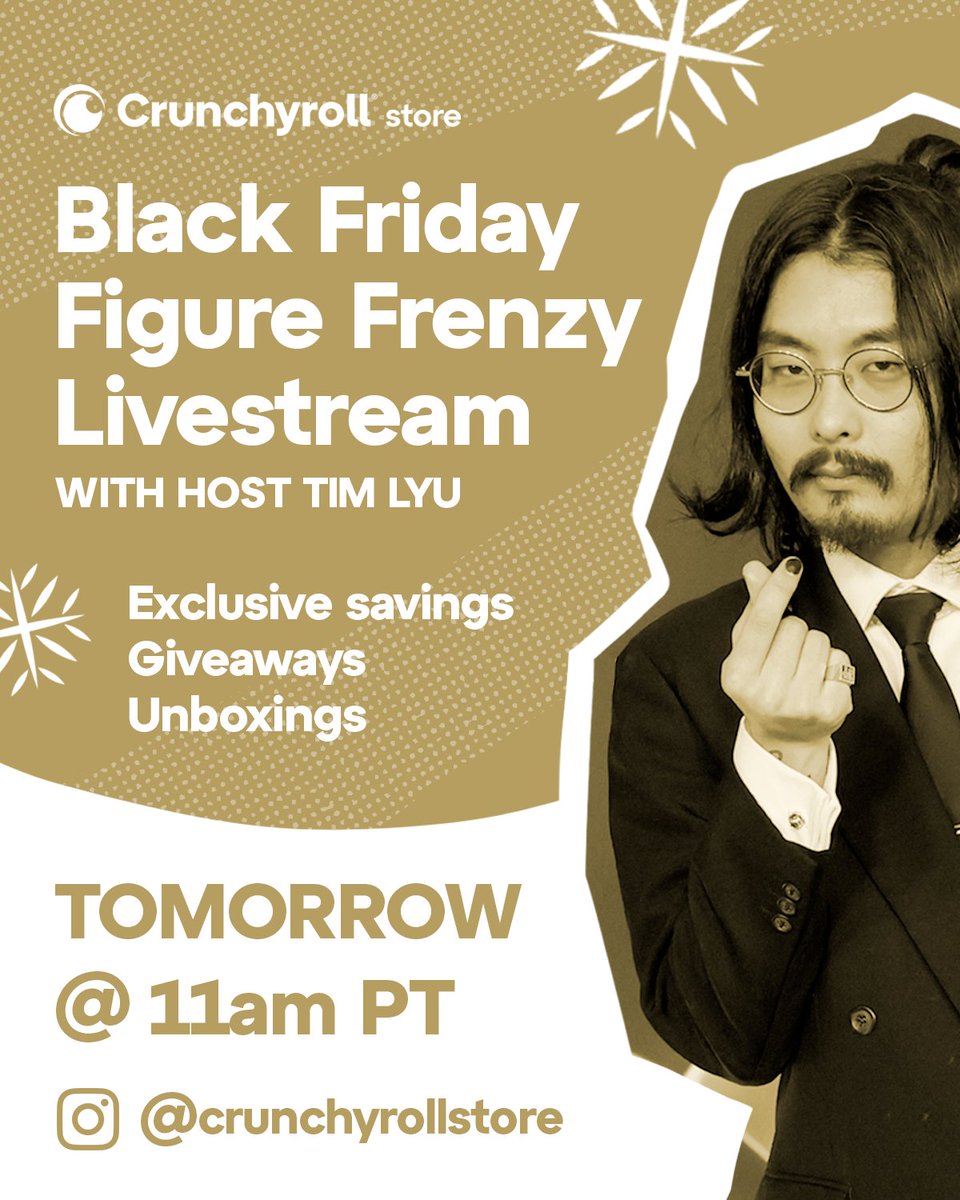ShopCrunchyroll's tweet photo. The countdown is on! ⏰ Tomorrow we're going live on our Instagram with amazing deals on anime figures that you won’t want to miss!

Join host Tim Lyu for exclusive discounts, giveaways, and figure reviews! ✨🎁 https://t.co/J0SJQHfTUf