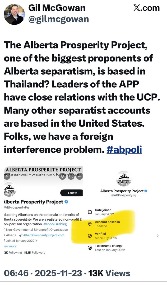CdnFreethinker's tweet image. The &quot;Alberta Prosperity Project&quot; account is based in Thailand.