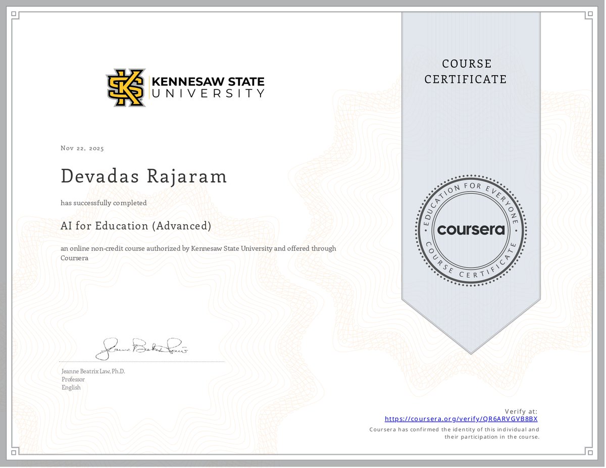 DevadasRajaram's tweet image. Generative AI isn’t here to replace teachers - it’s here to empower them. From personalised learning to smarter workflows, AI is reshaping education for the better. The future isn’t automated; it’s thoughtfully augmented. #EdTech #GenerativeAI #FutureOfLearning
@kennesawstate