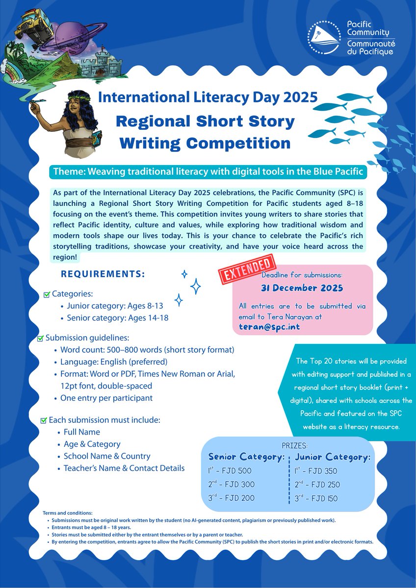 spc_cps's tweet image. 📣 𝐃𝐞𝐚𝐝𝐥𝐢𝐧𝐞 𝐄𝐱𝐭𝐞𝐧𝐝𝐞𝐝! Great news for young writers across the Pacific! The SPC International Literacy Day  Short Story Writing Competition has been extended to 𝟑𝟏 𝐃𝐞𝐜𝐞𝐦𝐛𝐞𝐫 𝟐𝟎𝟐𝟓 (𝐦𝐢𝐝𝐧𝐢𝐠𝐡𝐭).🔗 Full competition details: bit.ly/3VQtGC5