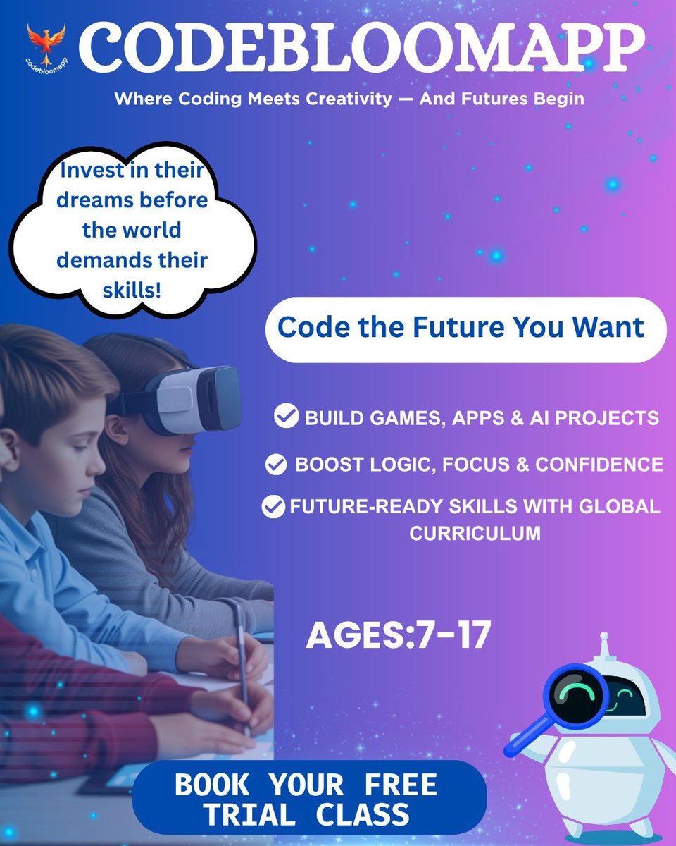codebloomapp's tweet image. 🚀Give your child the perfect start with our smart and fun courses.

Let their journey toward confidence, creativity, and success begin today! ✨

Book your Free demo! 

learn.codebloomapp.com
+91 75697 65474

#Codebloomapp #KidsLearning #CodingForKids #EdTech #STEMLearning