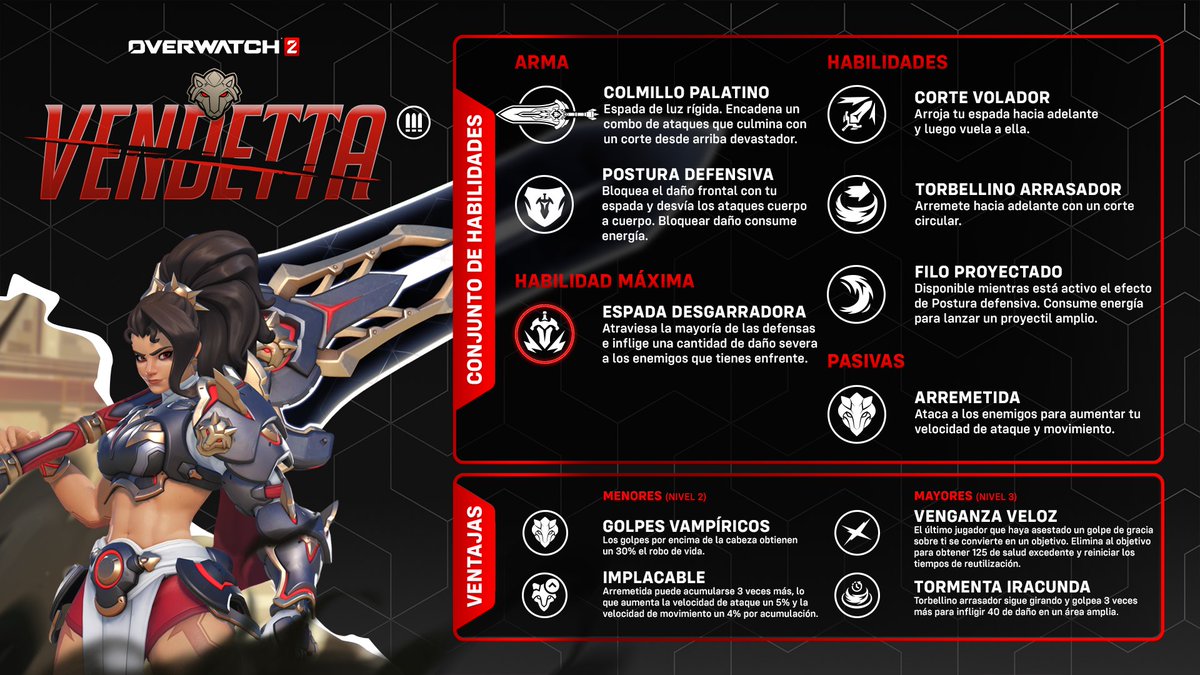 Proenix00's tweet image. [#Overwatch2] Conjunto de habilidades de Vendetta.