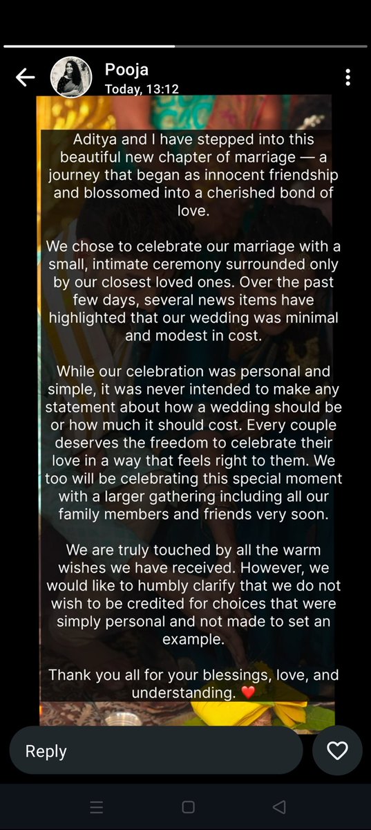 sasyareddy11's tweet photo. My friend Pooja Tirumani shared this in response to the news being circulated by some Telugu channels regarding her "simple" marriage. Narratives were created that she never claimed. A reminder that not every headline is the truth. https://t.co/w6r0TrbD3H