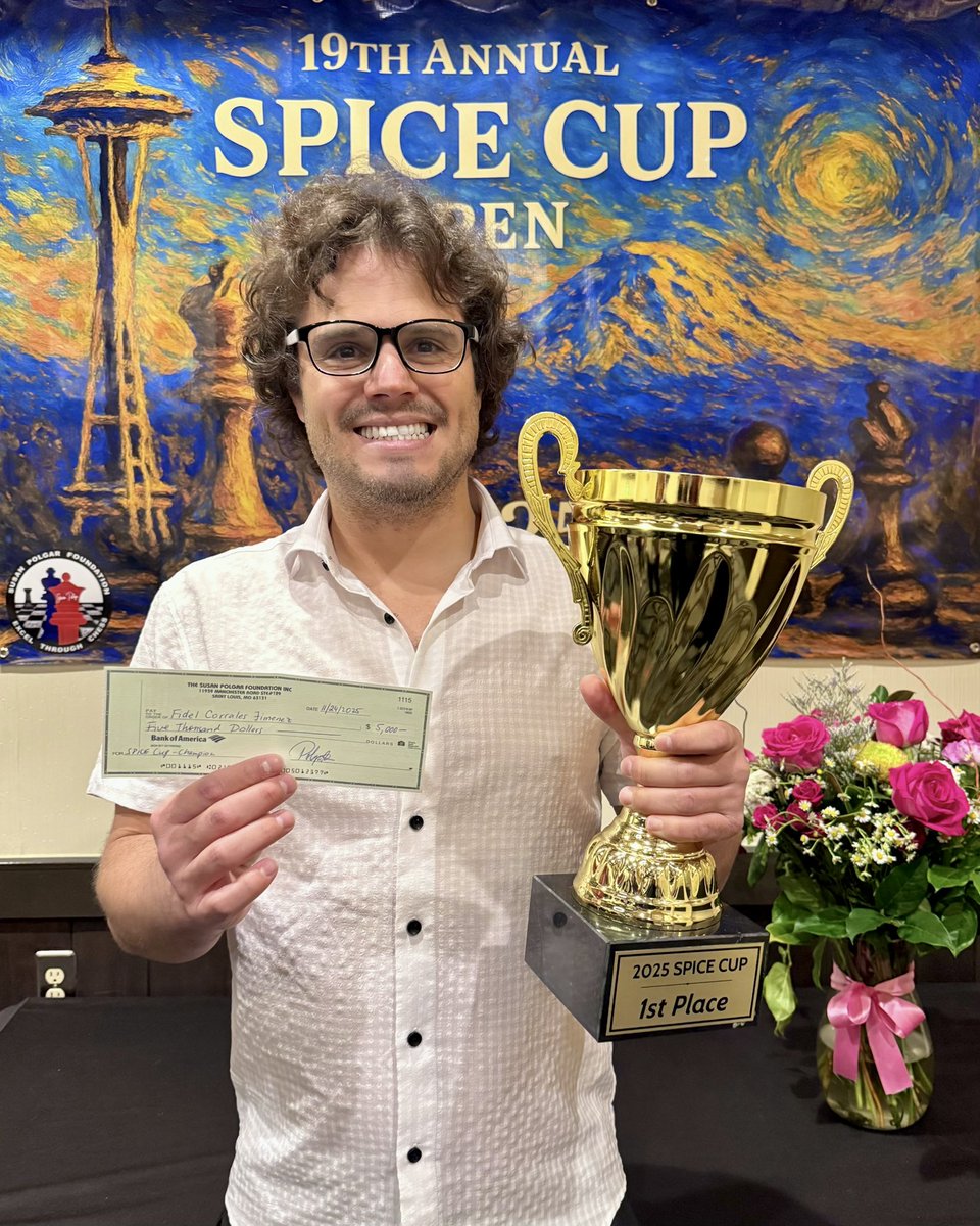 SusanPolgar's tweet image. Former SPICE team member GM Fidel Corrales wins 2025 SPICE Cup with 7.5/9 score! This is his first SPICE Cup title! 

Congratulations! 🏆 #SPICECup 

@FIDE_chess @USChess