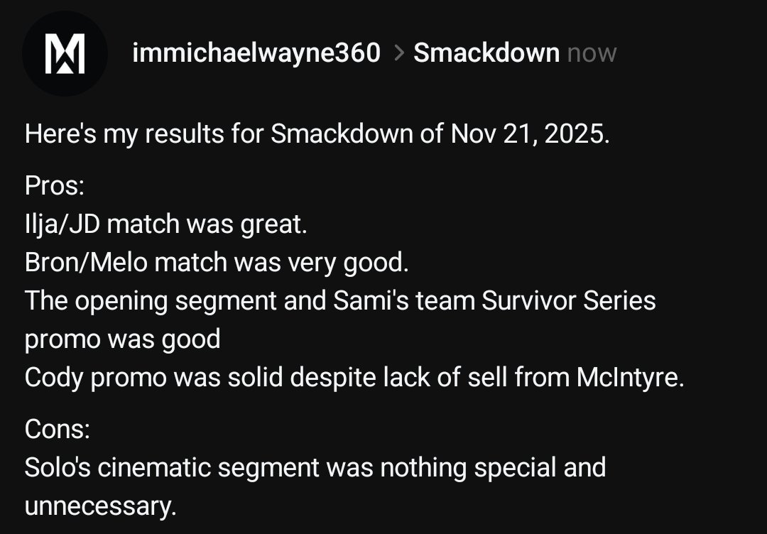 Here's my results for #Smackdown    of Nov 21, 2025.