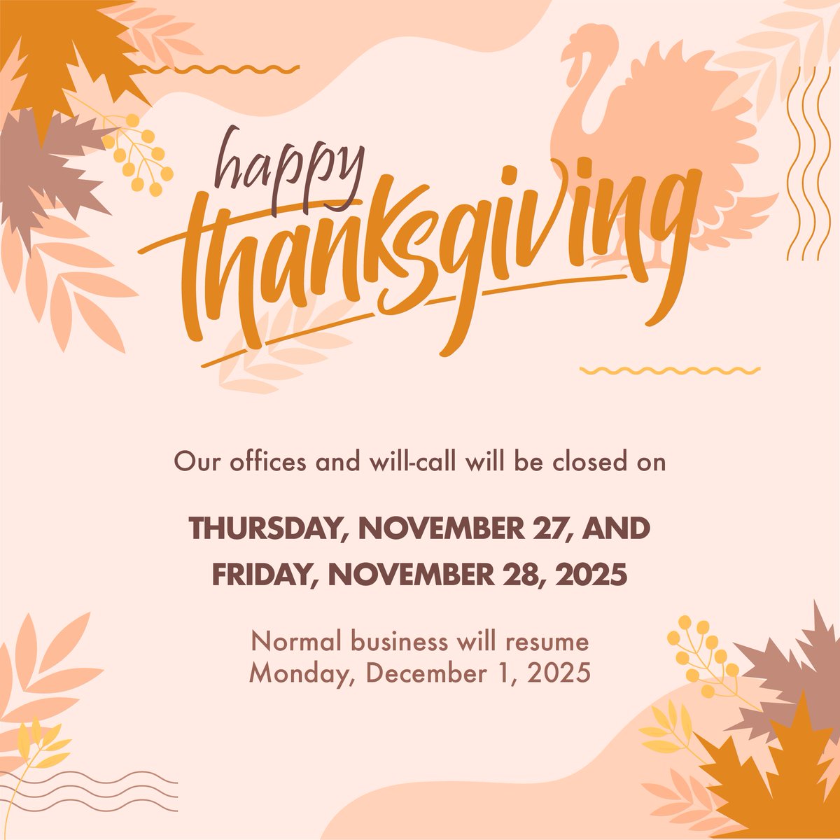 UrbanSurfaces's tweet photo. Wishing everyone a very Happy Thanksgiving this week! 🦃
In celebration of the holiday, our offices and will-call will be closed on Thursday, November 27, and Friday, November 28, 2025. Normal business hours will resume on Monday, December 1, 2025. https://t.co/2tpseN66UM