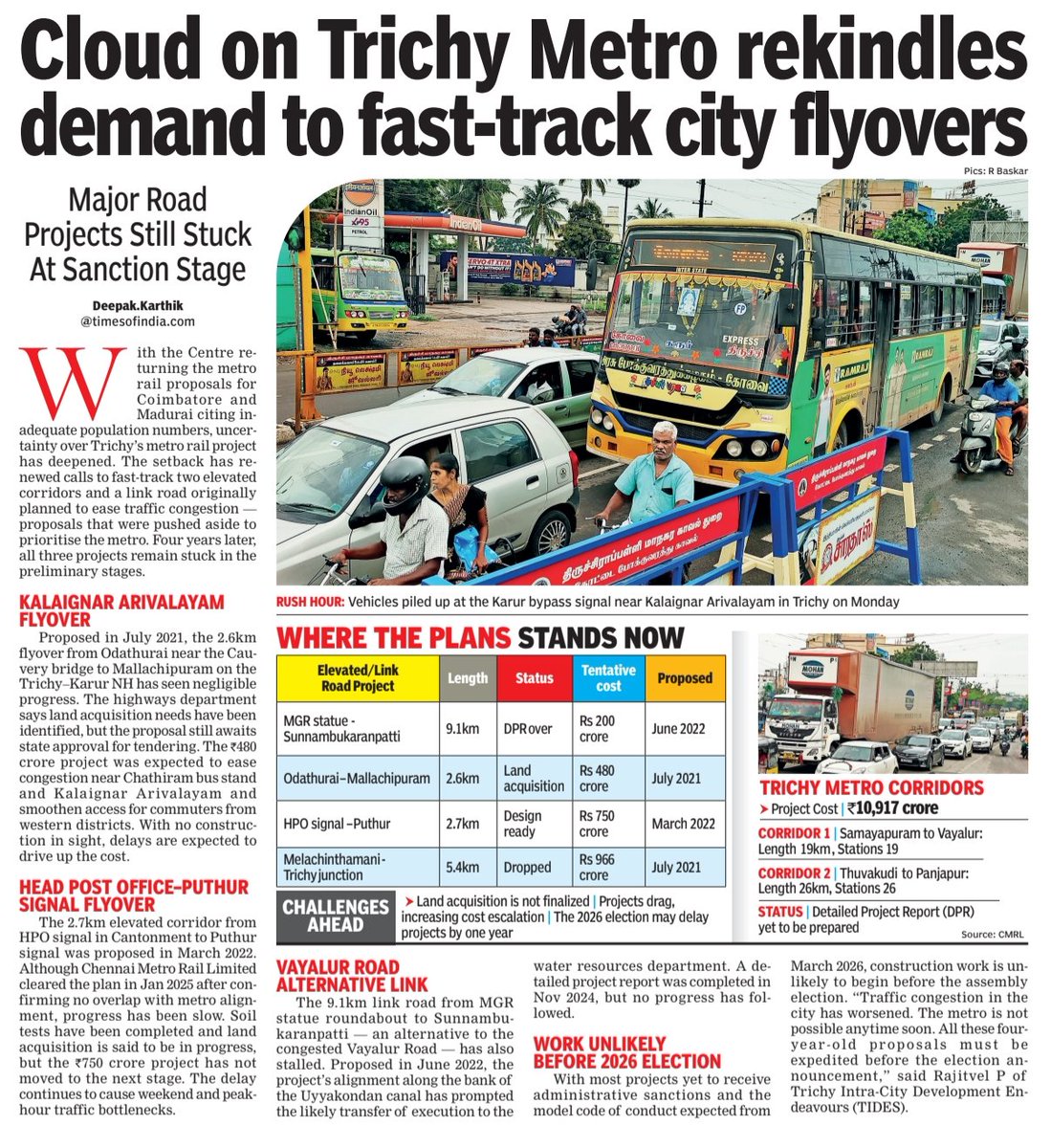 dkarthikTOI's tweet image. With #Metro projects looming uncertainty, the fate of elevated corridors and a link road proposed for #Trichy in 2021-22 is back in focus. 
Surprisingly, all three important projects have not progressed much, and remain only on papers. #TOI  timesofindia.indiatimes.com/city/trichy/me…