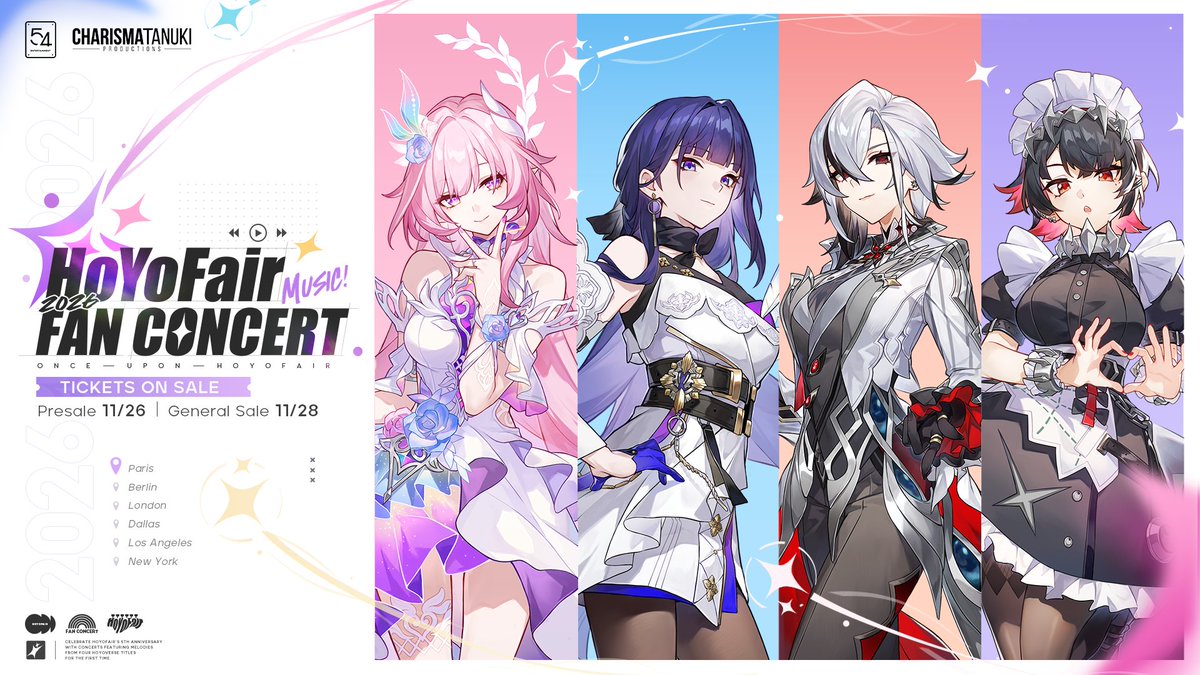 HoYoFair_0's tweet image. 🎁 #Giveaway #HoYoFairConcert「Once Upon HoYoFair」

In 2026, four HoYo IPs — Honkai: Star Rail, Honkai Impact 3rd, Genshin Impact, and Zenless Zone Zero — will come together in France, Germany, the UK, and the US for six LIVE fan concerts!

🔗Check out the concert details:…