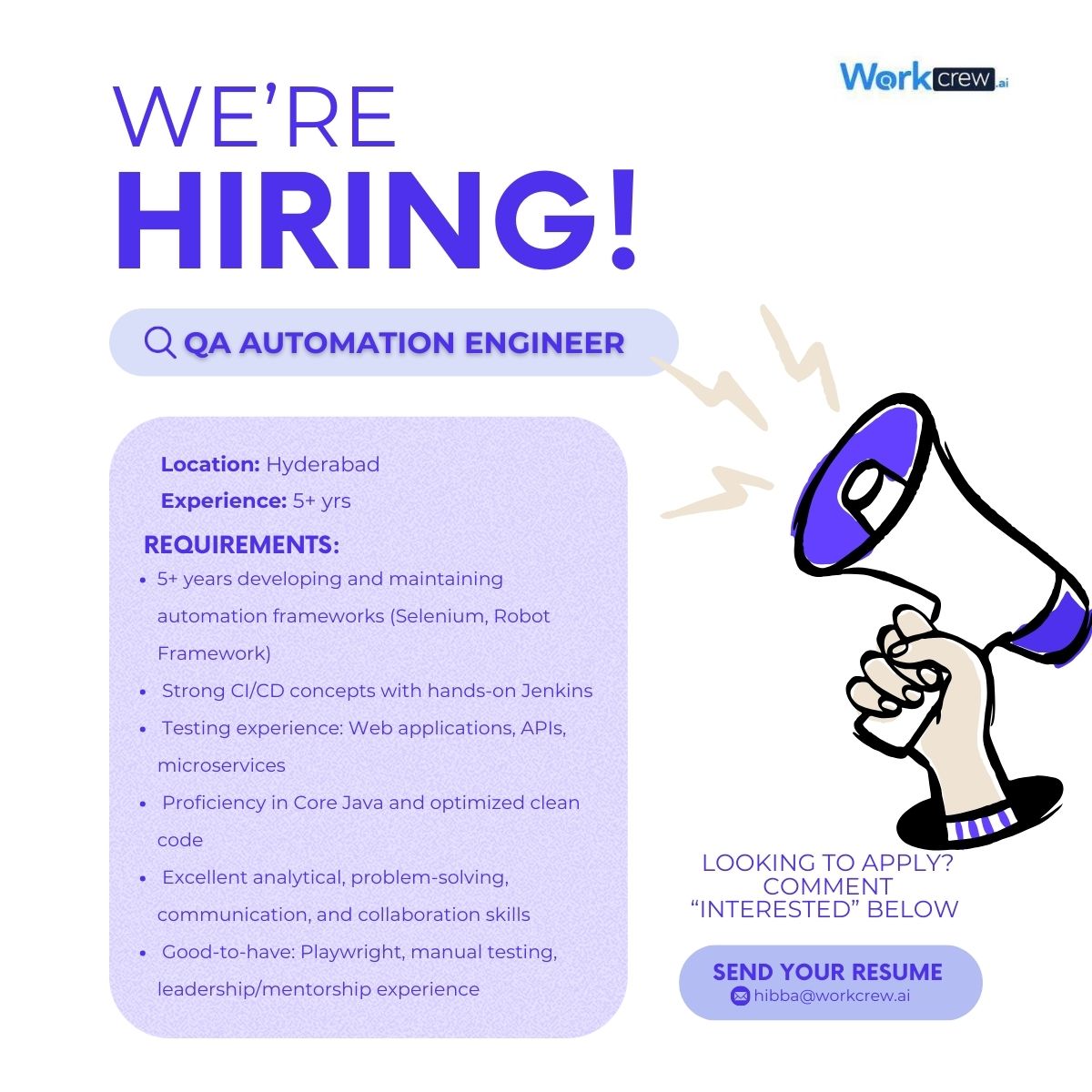 Workcrew_ai's tweet image. We’re hiring a Senior Test Automation Engineer : Hyderabad (5+ yrs)

📩 workcrew.ai/jobpost/67a5a5…

#Hiring #AutomationTesting #Selenium #RobotFramework #TestEngineer #QAJobs #TechJobs #WorkCrewAI