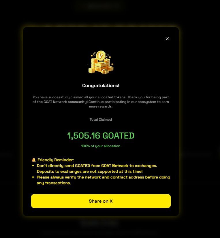 Zerocodename1's tweet image. Just claimed my monthly $GOATED reward as a Top Yapper.
Love being part of the GOAT community  real yield, real engagement, real momentum!
Let’s keep building! yappers.goat.network #GOATED #YapperRewards #BTCFi