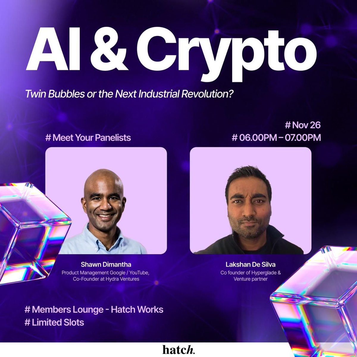 hatchonline's tweet image. Hatch Fireside Chat: “AI &amp;amp; Crypto — Twin Bubbles or Next Industrial Revolution?”
Join Shawn Dimantha &amp;amp; Lakshan De Silva for an unapologetically honest deep dive: what’s real, what’s hype, and what’s genuinely investable in the AI + crypto landscape.
🔗 luma.com/c0ovoln6 🚀