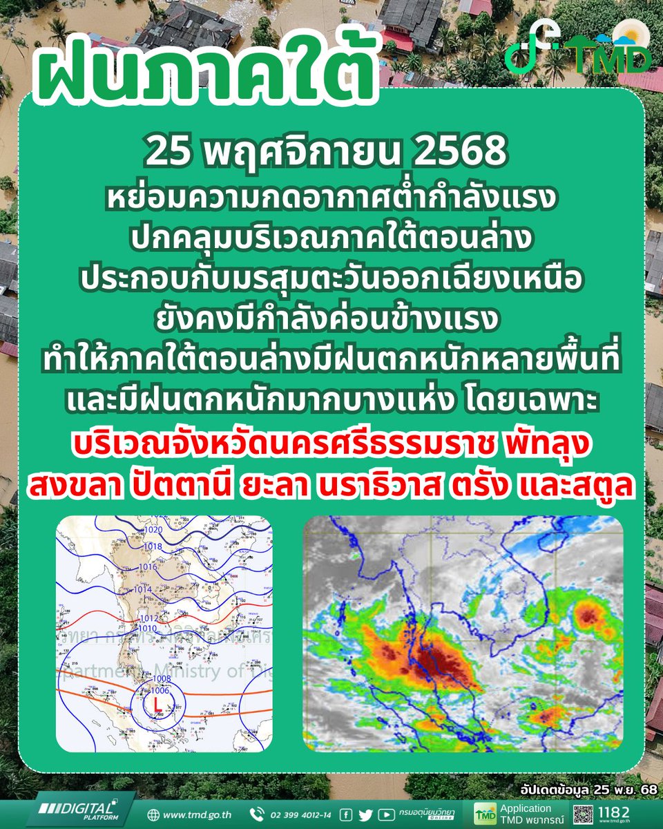 tmdthai2's tweet image. 25 พ.ย. 68 ภาคใต้ตอนล่างมีฝนตกหนักหลายพื้นที่ 

ส่วนหย่อมความกดอากาศต่ำกำลังแรงบริเวณทะเลจีนใต้ ซึ่งอาจพัฒนาเป็นพายุได้นั้น จะอ่อนกำลังลงอย่างเร็วเมื่อเข้าปะทะมวลอากาศเย็น เพื่อความไม่ประมาทขอให้ติดตามข่าวจากกรมอุตุฯ นะคะ

 #กรมอุตุนิยมวิทยา #น้ำท่วมภาคใต้ #พยากรณ์อากาศ