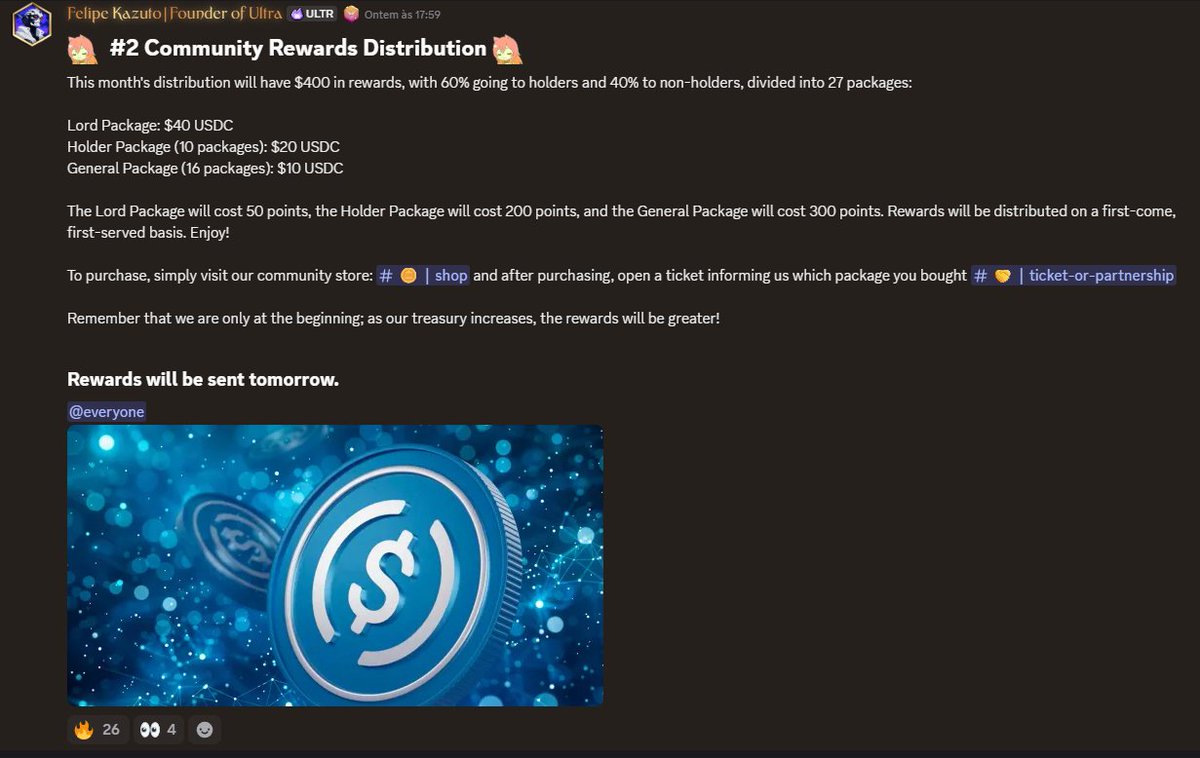 🚨 USDC Community Distribution 🚨

Monthly community rewards distribution #2 completed. This month we distributed $400, double the amount of the previous month. As we grow, we will distribute even larger prizes! Want to earn USDC rewards too?

Join the Project Ultra community: