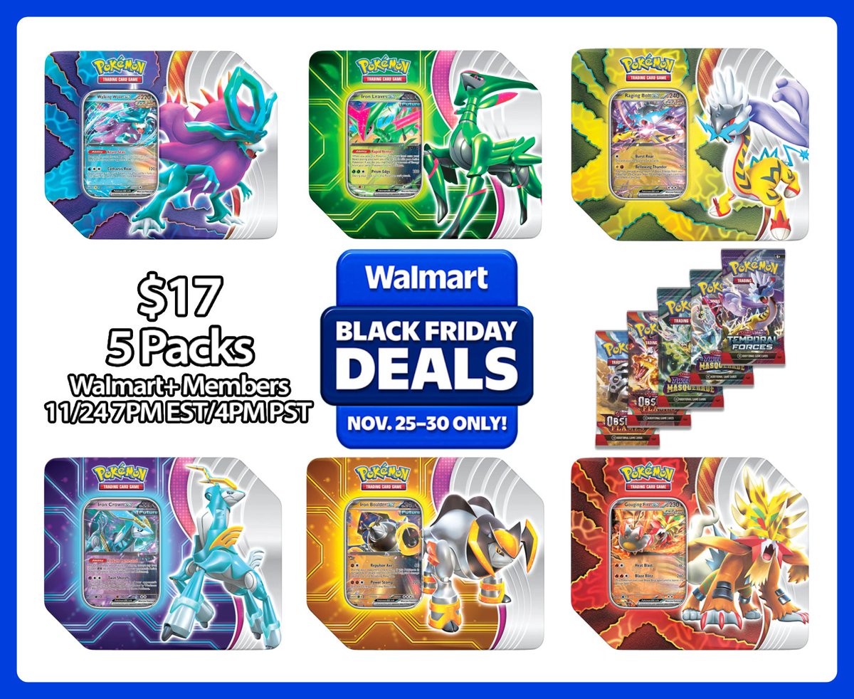 switchstock's tweet photo. Walmart Paradox Clash and Paradox Destinies Black Friday Tins available for everyone for $17 (5 Packs)

Walking Wake:
https://t.co/yYstVIjonT
Iron Leaves
https://t.co/XUw5CikXs0
Raging Bolt:
https://t.co/XvhOpUmsYl
Iron Crown:
https://t.co/Cgg8gZrbbk
Iron Boulder:
https://t.co/4MagbXKydK
Gouging Fire:
https://t.co/SrzppWiX3Q
All Tins:
https://t.co/OnZDpKWpsr
