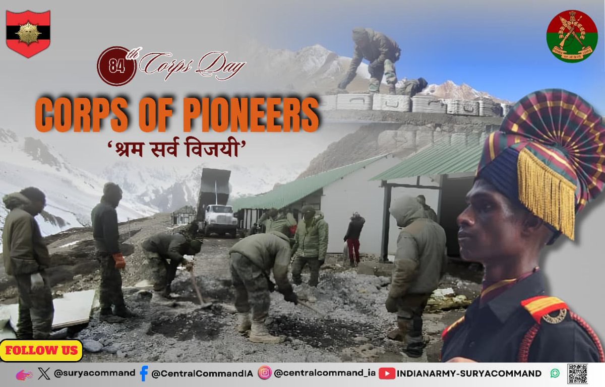 suryacommand's tweet image. &quot;𝗕𝘂𝗶𝗹𝗱𝗶𝗻𝗴 𝗙𝗿𝗼𝗻𝘁𝗹𝗶𝗻𝗲𝘀 𝗦𝘁𝗿𝗲𝗻𝗴𝘁𝗵𝗲𝗻𝗶𝗻𝗴 𝗙𝗼𝘂𝗻𝗱𝗮𝘁𝗶𝗼𝗻𝘀&quot;

#SuryaCommand conveys warm wishes to all ranks, veterans, defence civilian employees and families of the #CorpsOfPioneers on the 84th Raising Day.

The Pioneers have always been at the…