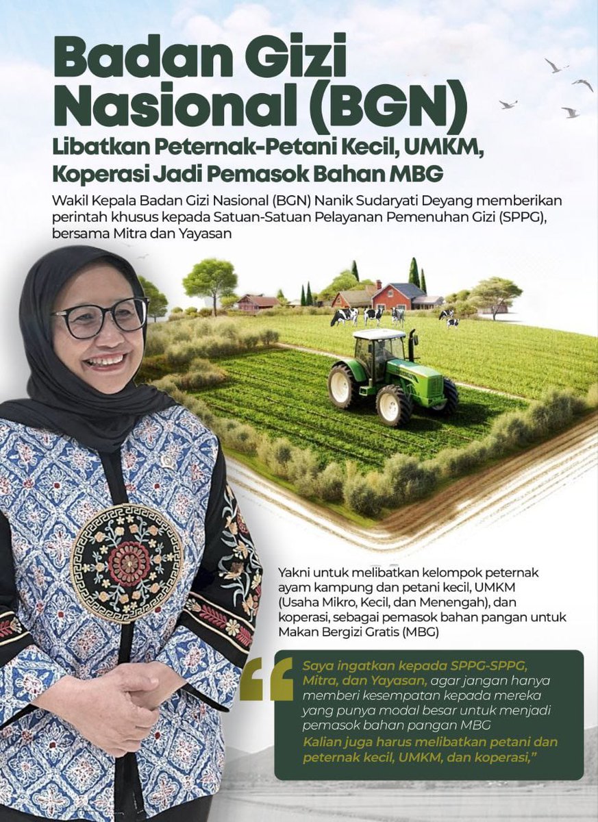 Badan Gizi Nasional memastikan manfaat MBG juga dirasakan rakyat kecil. Petani, peternak, UMKM, dan koperasi dilibatkan sebagai pemasok bahan pangan, membuka peluang ekonomi baru di desa. Program gizi untuk anak sekaligus menggerakkan roda ekonomi