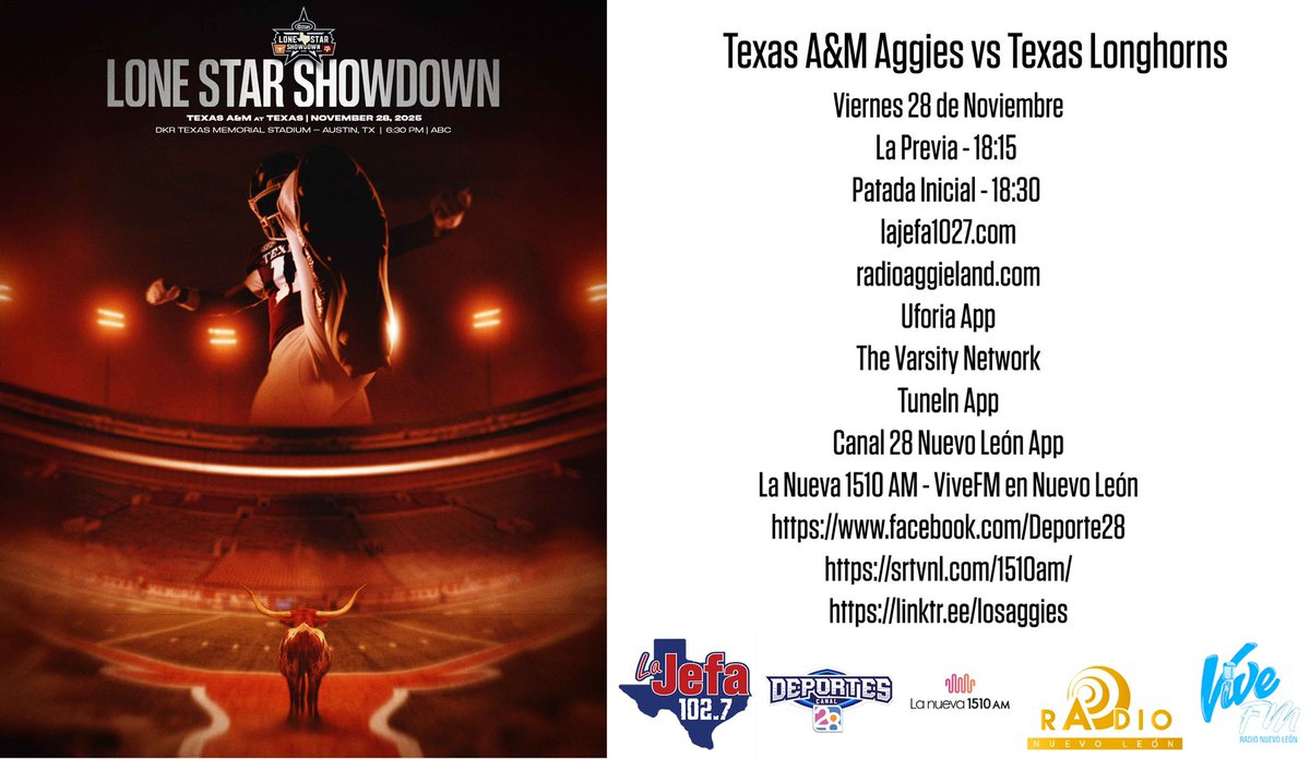 los_aggies's tweet image. Los esperamos este viernes para el #LoneStarShowdown @AggieFootball  vs @TexasFootball por @lajefa1027fm @radionuevoleon la @12thMan app @varsitynetwrk @Learfield @sec #Football #Español #GigEm #BTHOtu @pedluna @canal28nl
