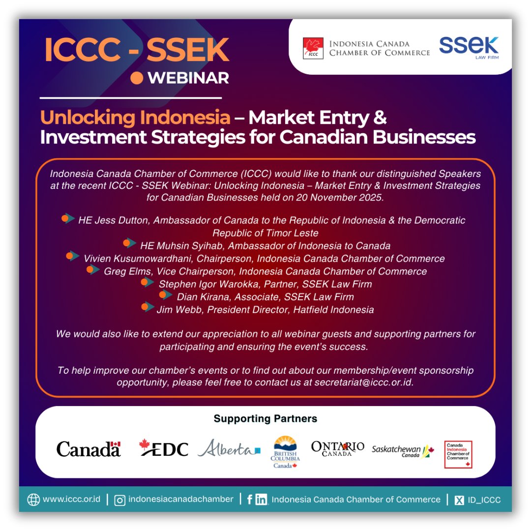 ID_ICCC's tweet image. Indonesia Canada Chamber of Commerce (ICCC) would like to thank our distinguished Speakers at the recent ICCC - SSEK Webinar: (1/5)